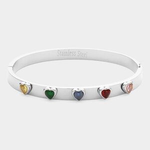 NEW Multicolor Heart Stone Pointed Silver Stainless Steel Hinged Bangle Bracelet
